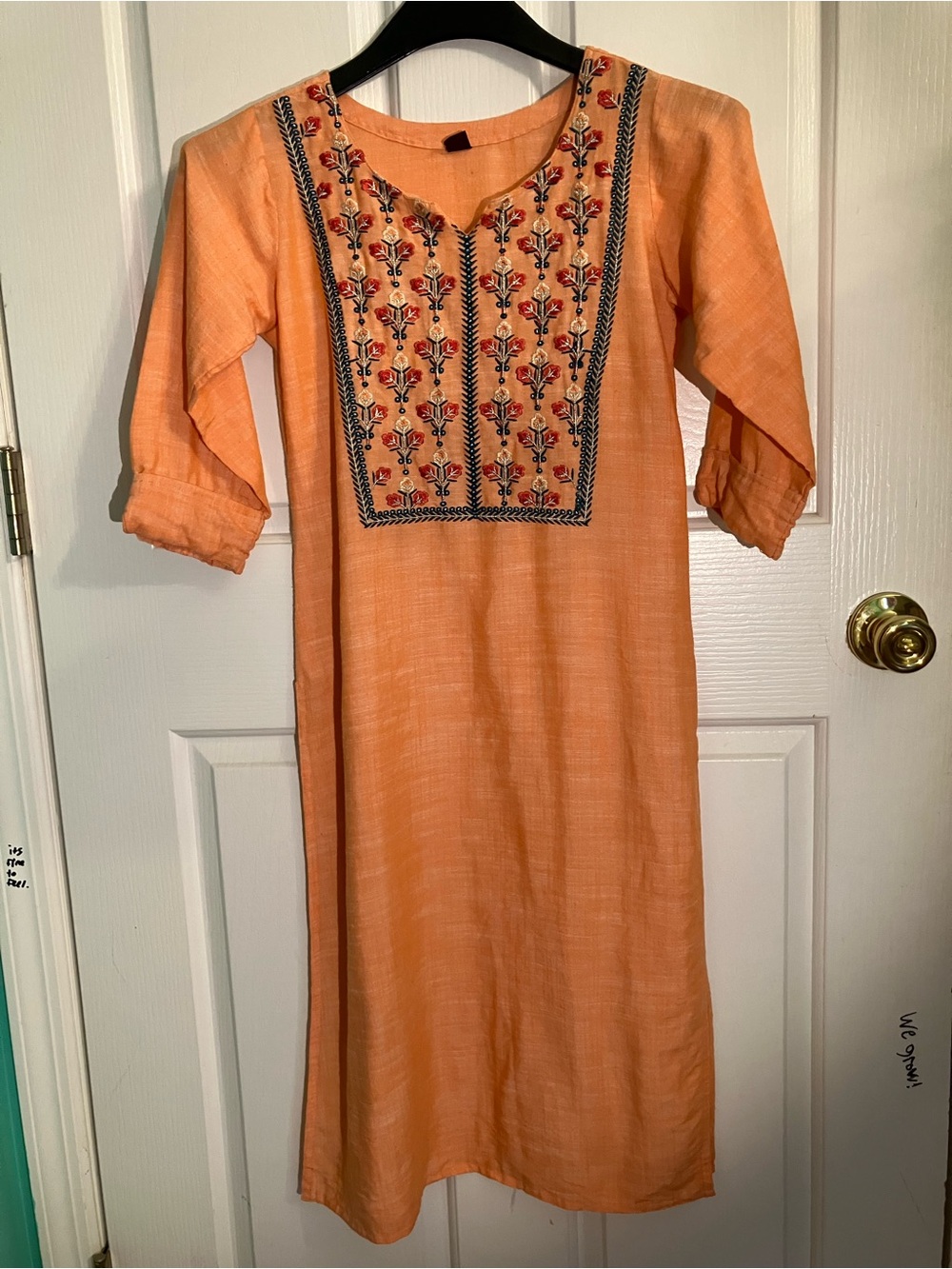 Embroidered Peach Cotton Kurta Dress